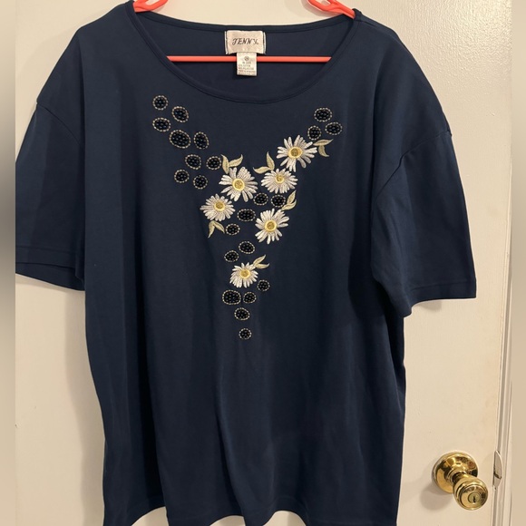 Jenny Vintage Blue V Neck T Shirt Blouse Daisies Size 2X Excellent Condition - Picture 1 of 7